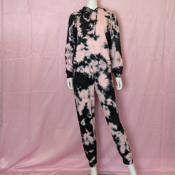Boohoo Pink and Black Tie Dye Hoodie and Matching Joggers Set size 2 - Picture 1 of 10